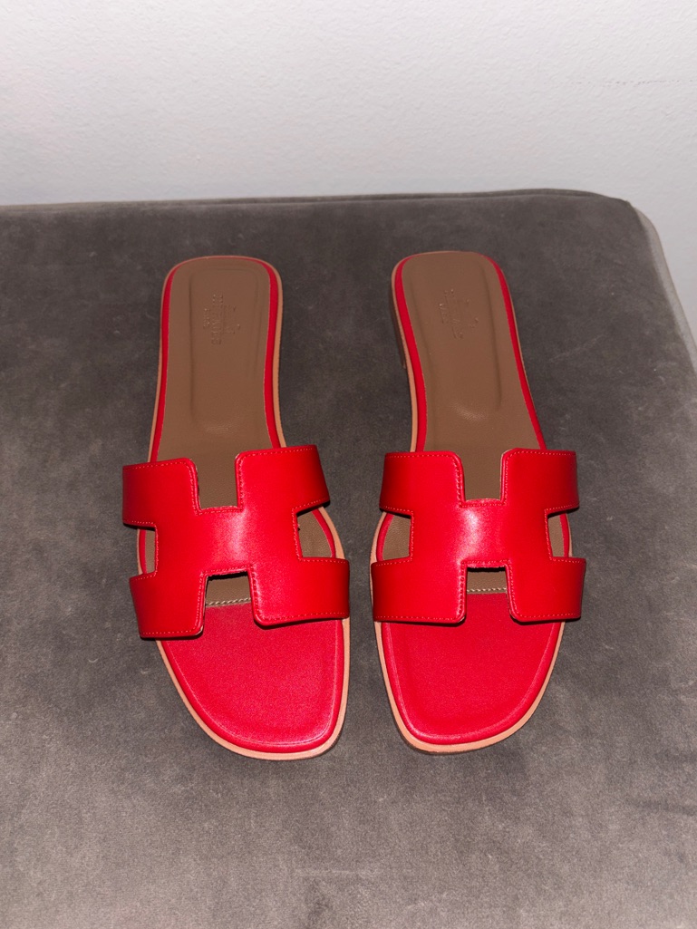 Hermes Red Oran H Slide Leather Sandals